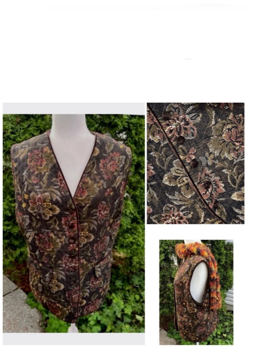 🇨🇦 Vintage quilted vest:Floral on Brown w/green, yellow, orange /Velvet Trim - Picture 5 of 16
